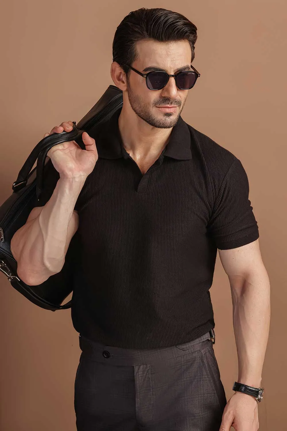 Black Plisse Johnny Collar Polo