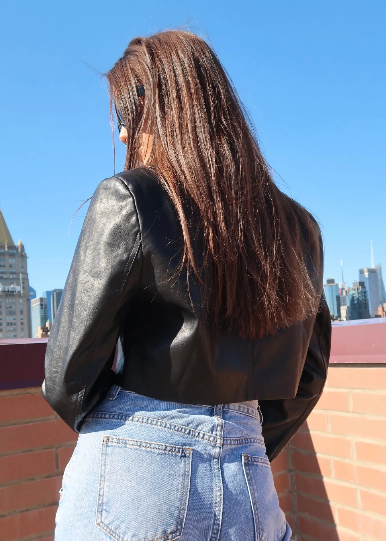 BLACK VEGAN LEATHER CROPPED BLAZER