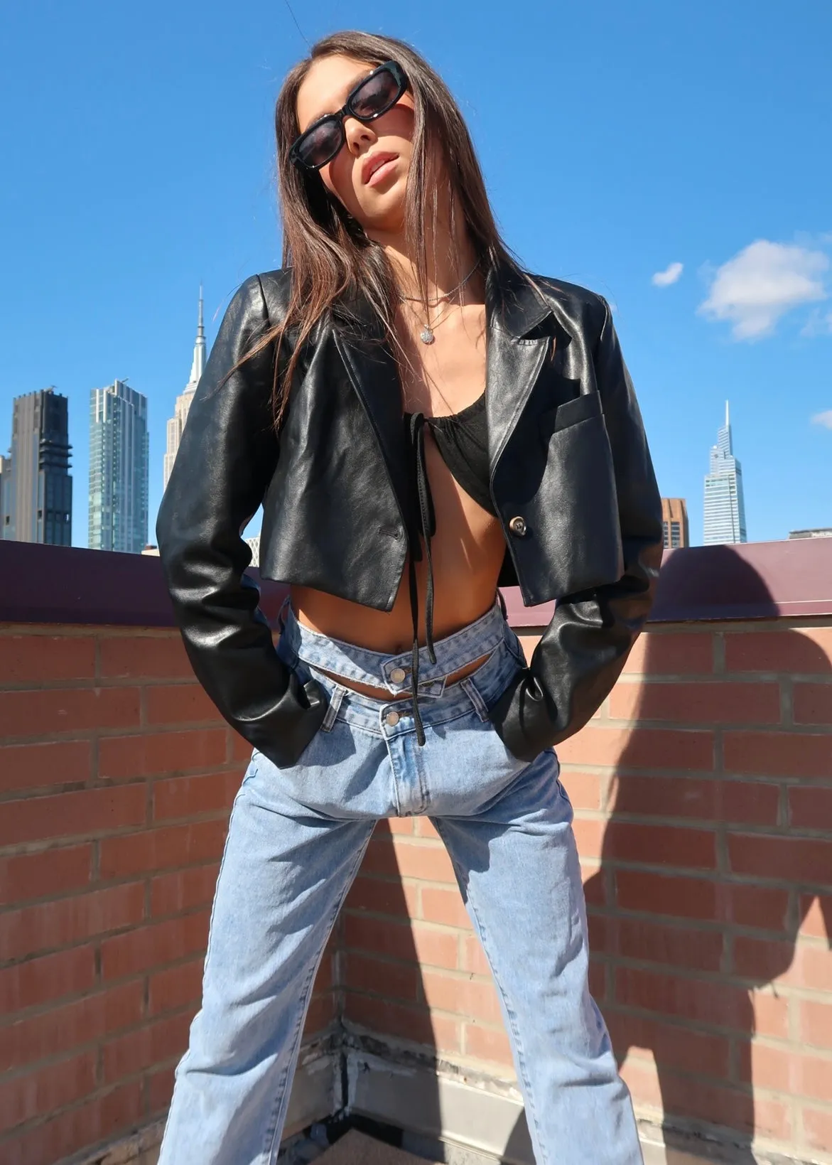 BLACK VEGAN LEATHER CROPPED BLAZER