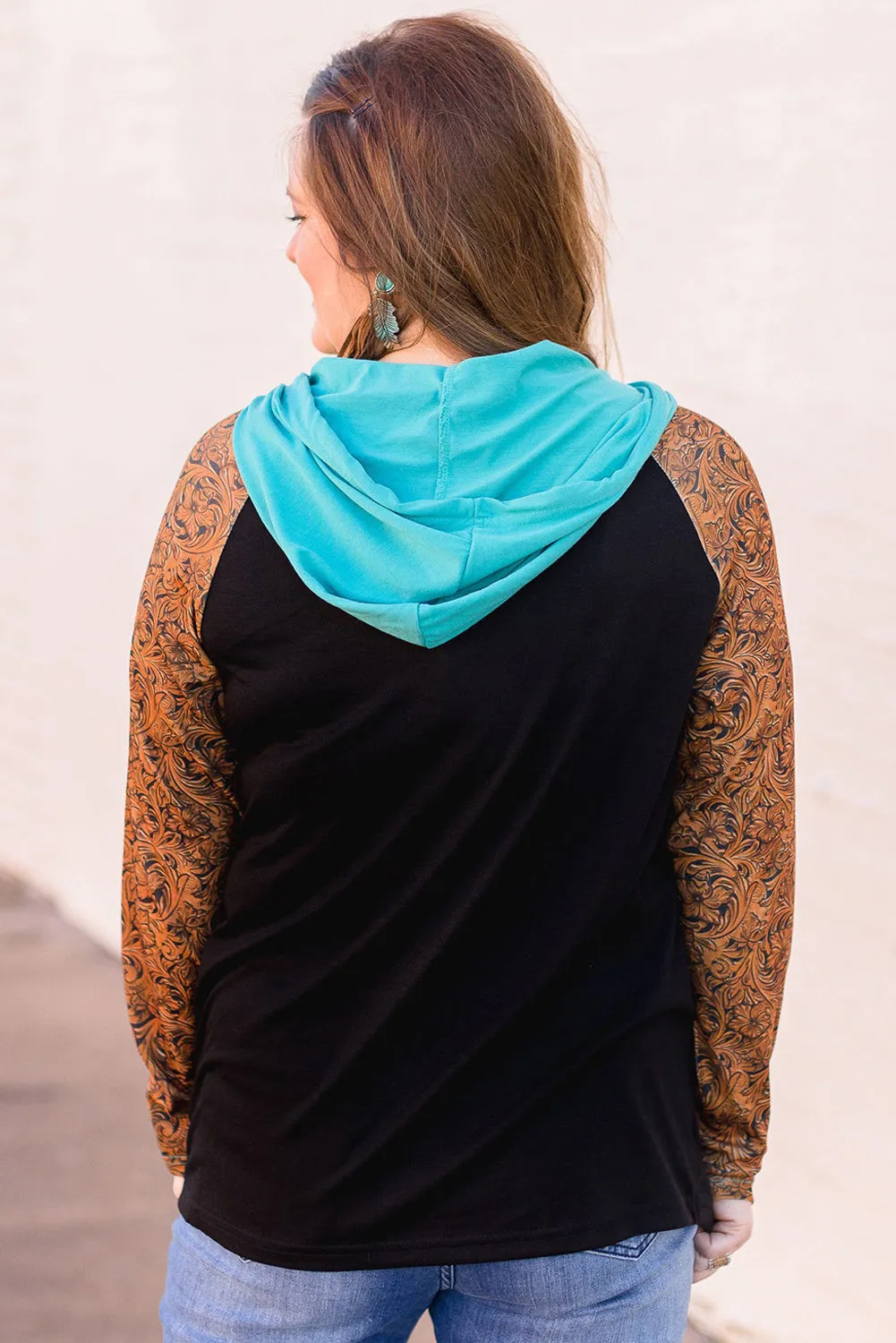 Black Western Print Color Block Plus Size Hoodie