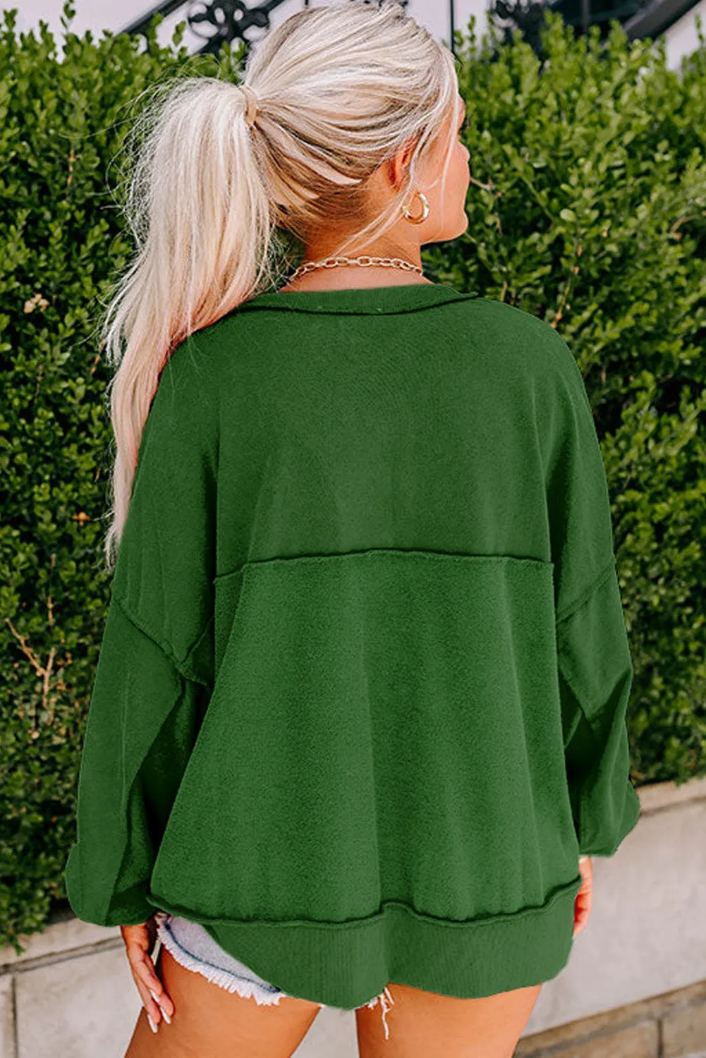 Blackish Green Drop Shoulder Henley Buttons Sweatshirt