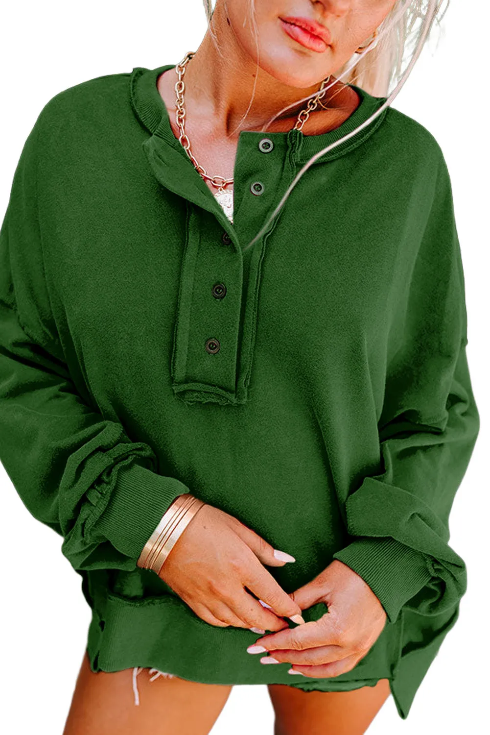 Blackish Green Drop Shoulder Henley Buttons Sweatshirt