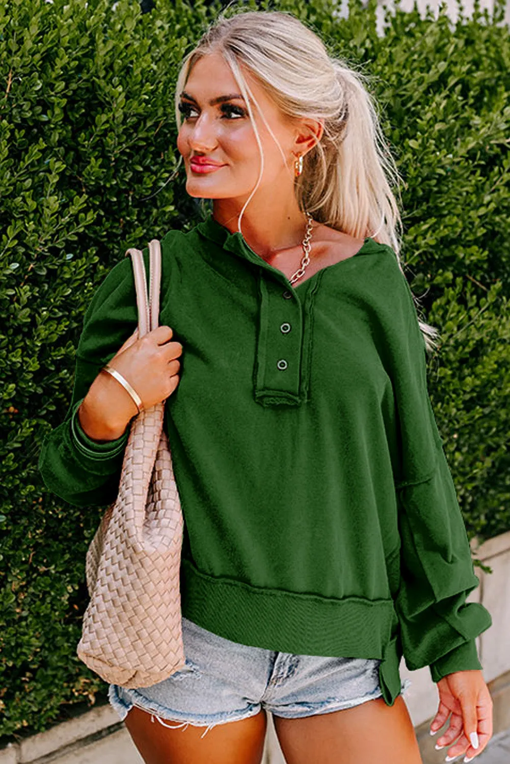 Blackish Green Drop Shoulder Henley Buttons Sweatshirt