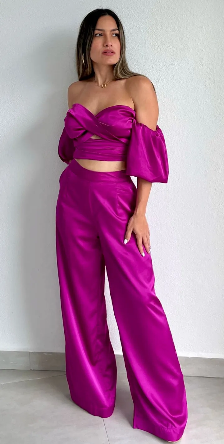 Bold Essence Magenta Satin Two-Piece Set