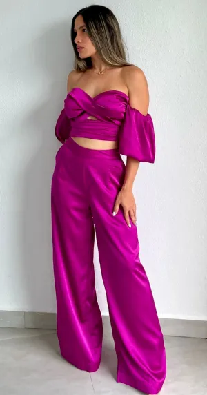Bold Essence Magenta Satin Two-Piece Set