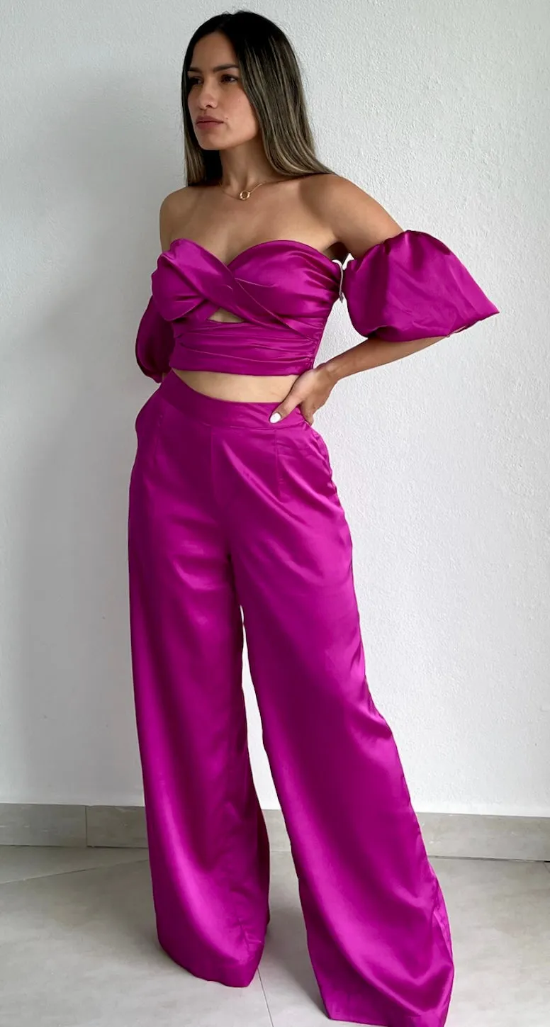 Bold Essence Magenta Satin Two-Piece Set