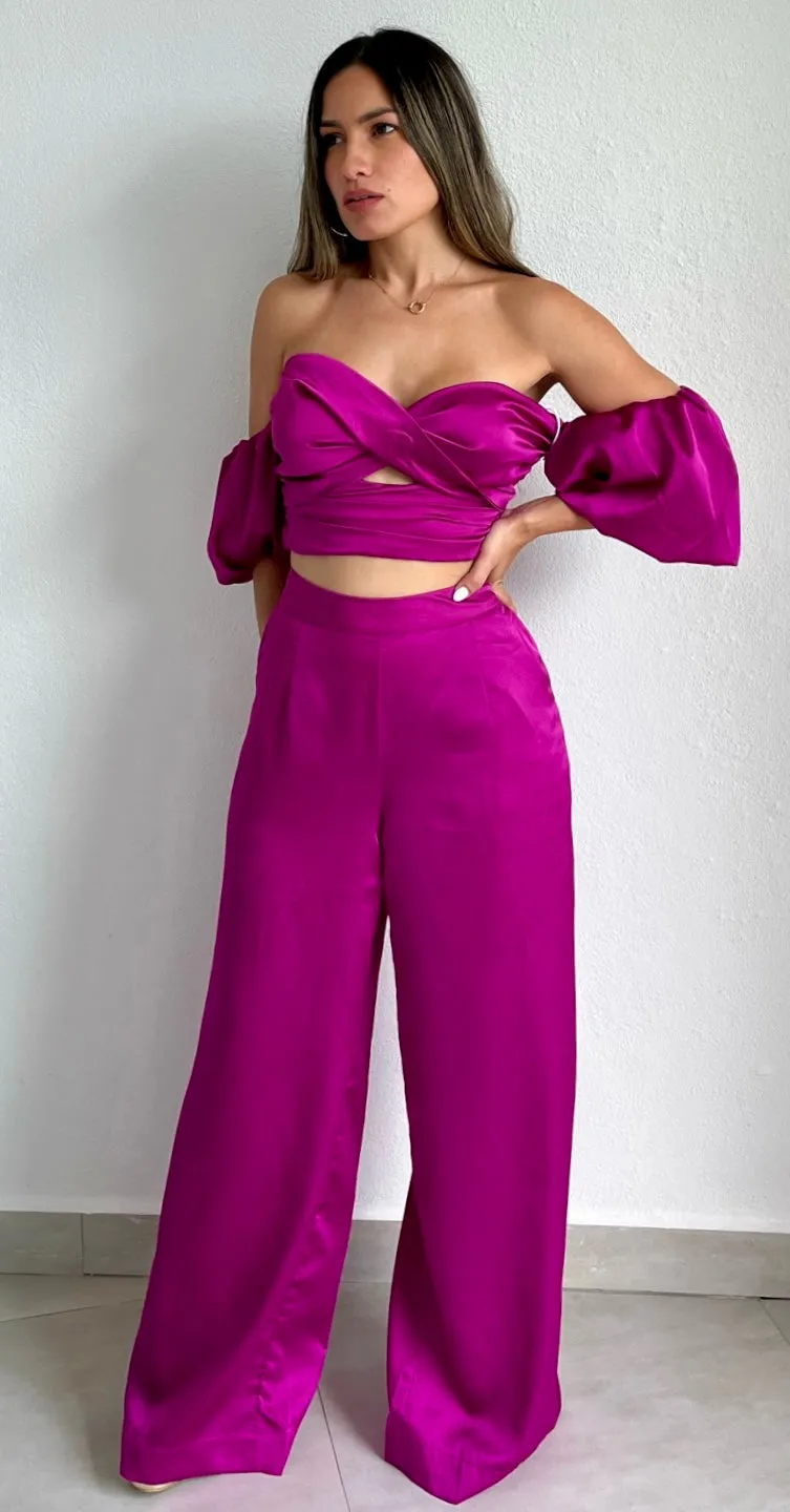 Bold Essence Magenta Satin Two-Piece Set