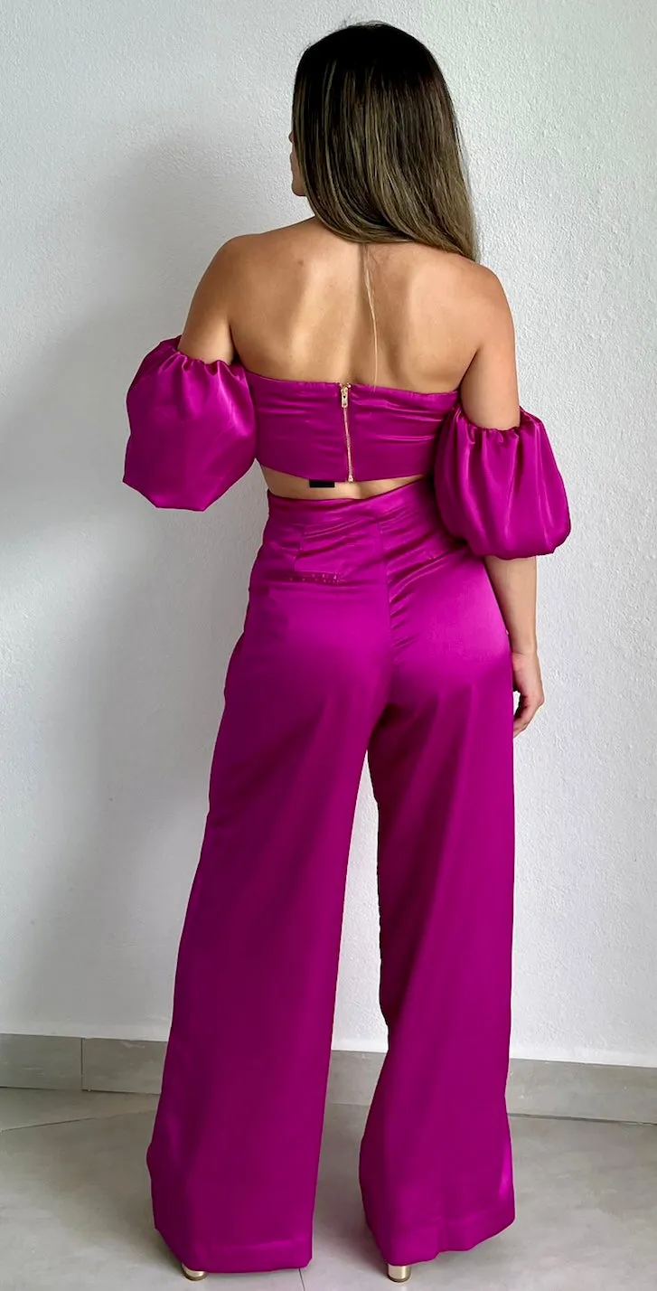 Bold Essence Magenta Satin Two-Piece Set