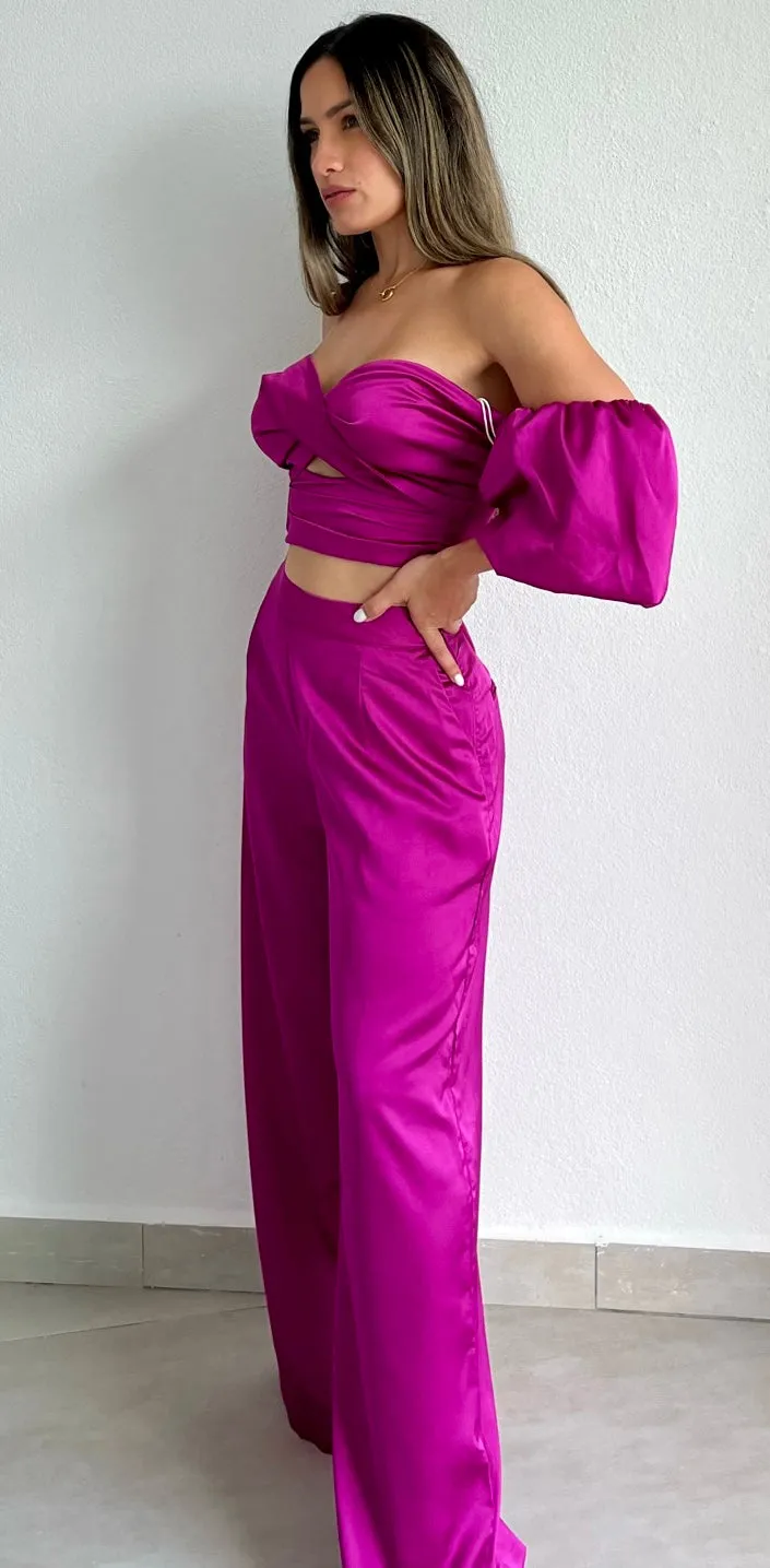 Bold Essence Magenta Satin Two-Piece Set