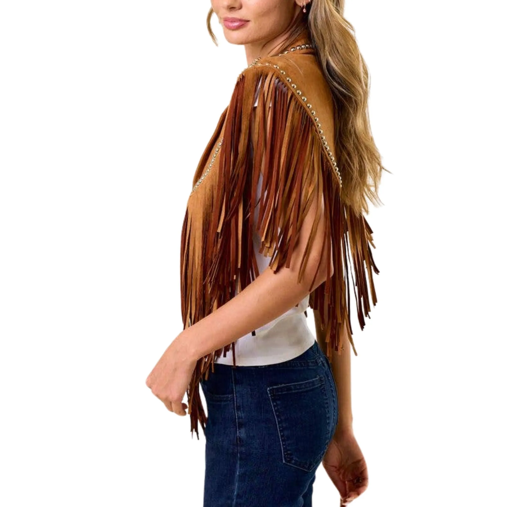 Camel Studded Fringe Shrug