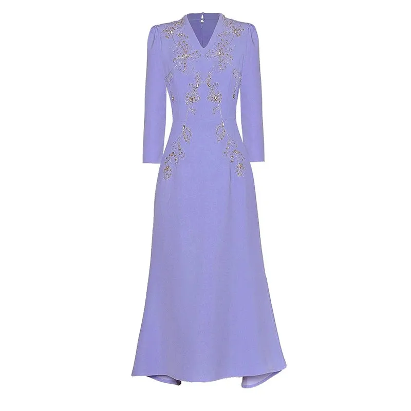 Clara V-Neck Long Sleeve Crystal Beading Office Lady Dress
