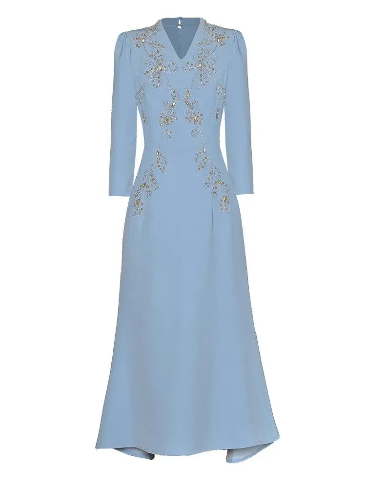Clara V-Neck Long Sleeve Crystal Beading Office Lady Dress