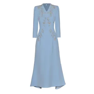 Clara V-Neck Long Sleeve Crystal Beading Office Lady Dress
