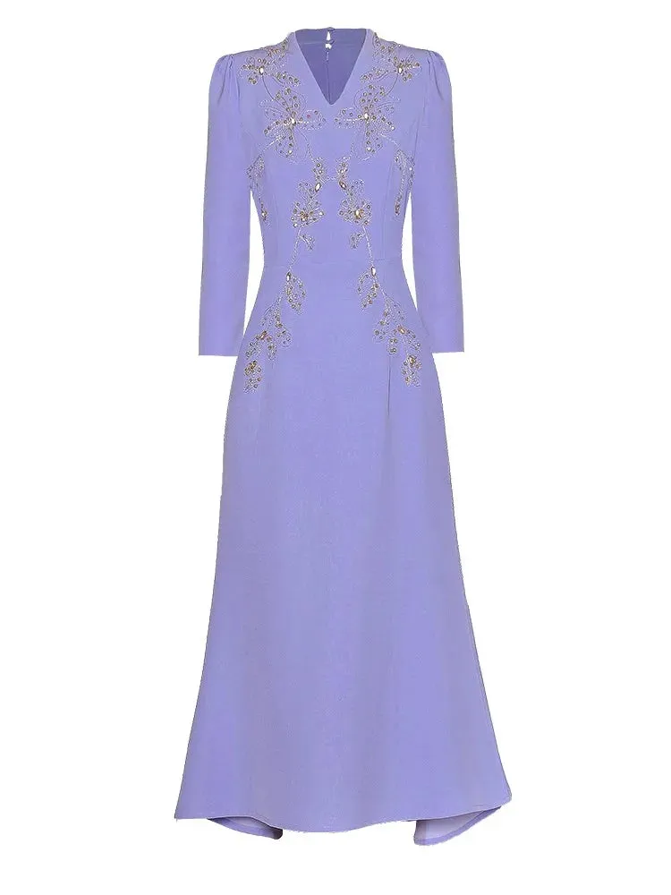 Clara V-Neck Long Sleeve Crystal Beading Office Lady Dress