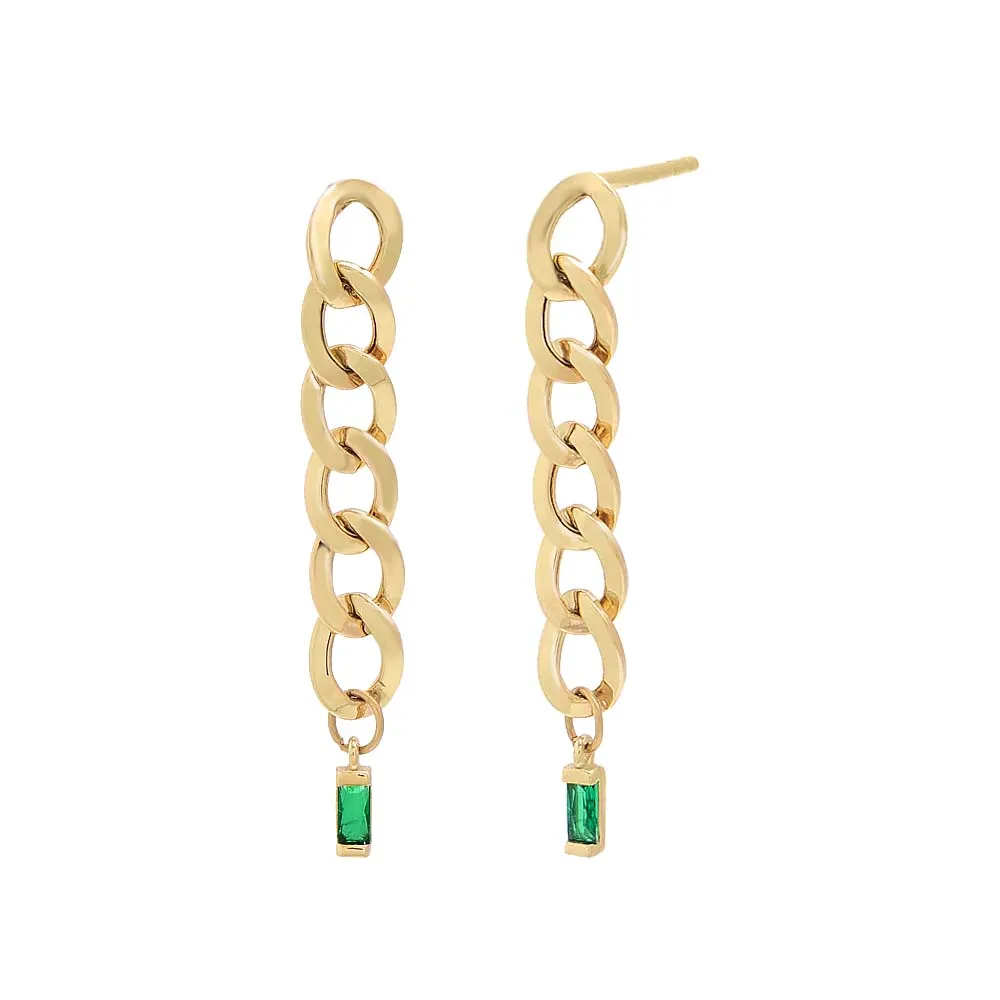 Colored Baguette Cuban Link Drop Stud Earring 14K