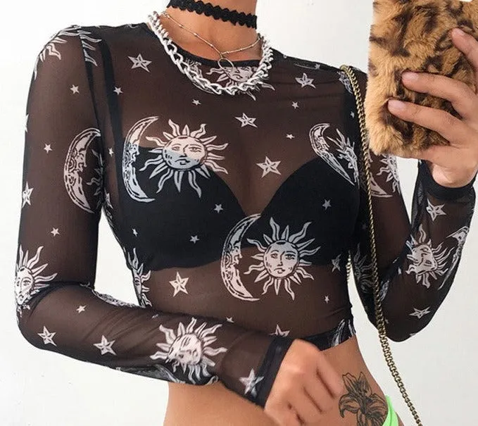 Cosmic Sol' Black Mesh Crop Top