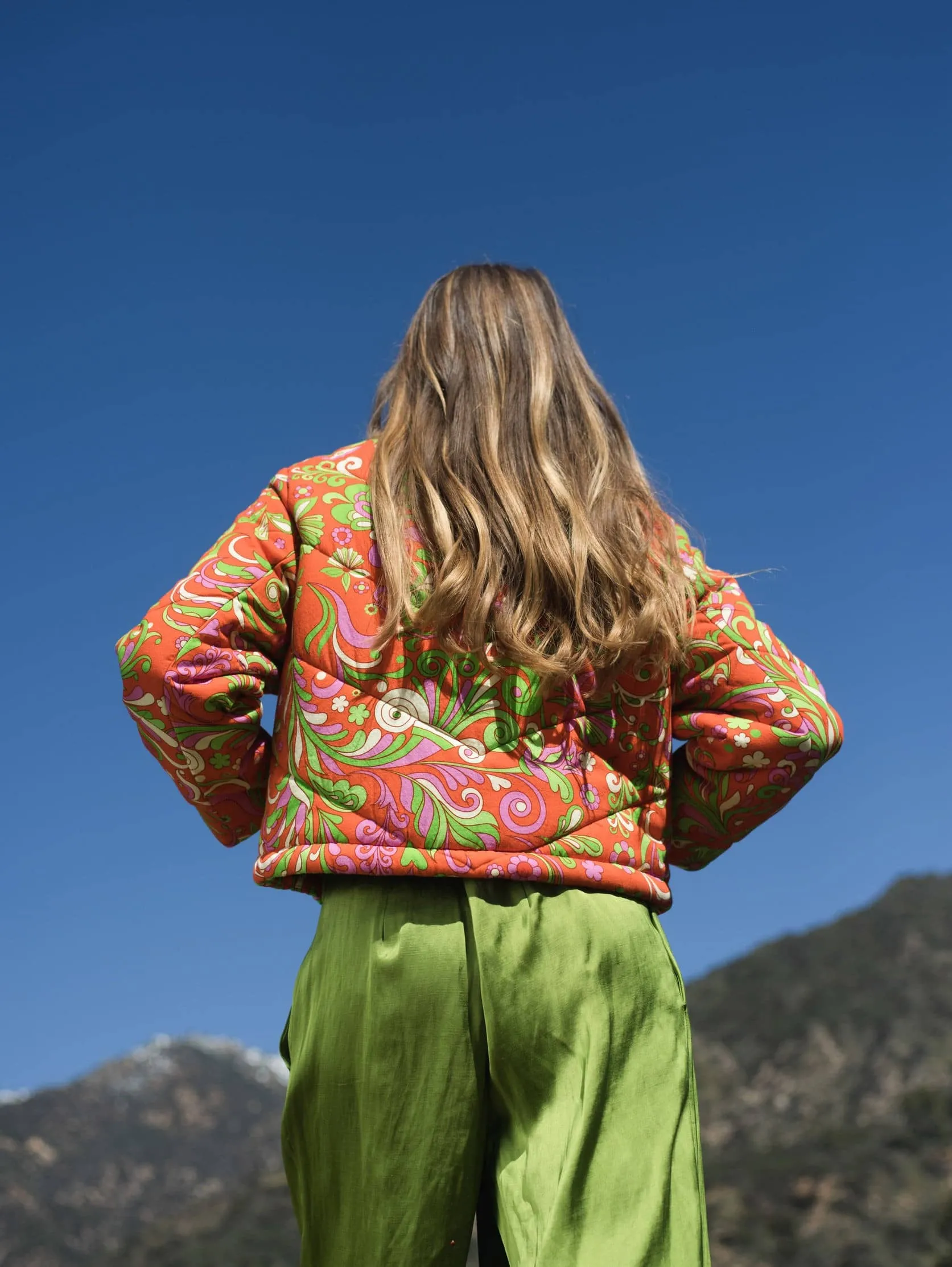 Cotton Quilted Jacket - Red Orange Psychedelic Floral