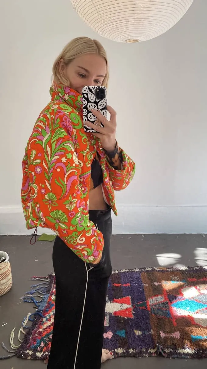 Cotton Quilted Jacket - Red Orange Psychedelic Floral