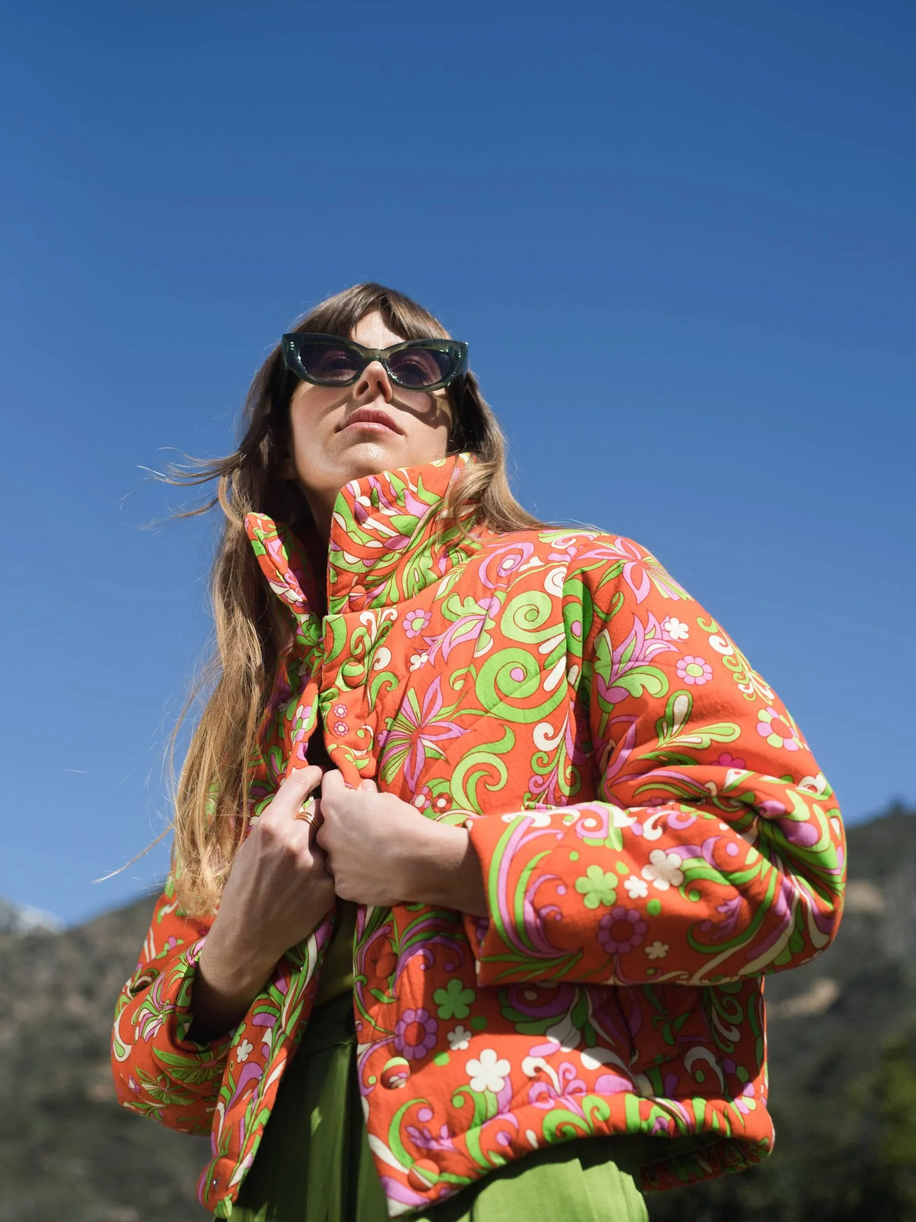 Cotton Quilted Jacket - Red Orange Psychedelic Floral