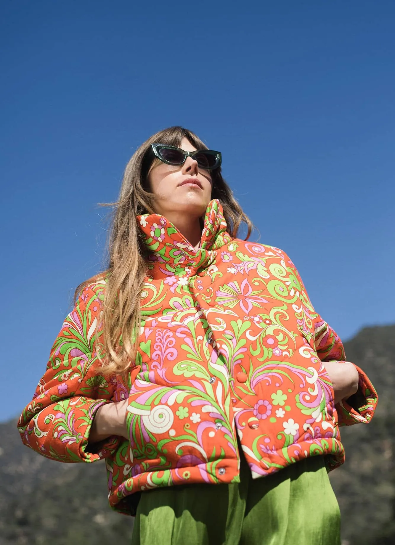 Cotton Quilted Jacket - Red Orange Psychedelic Floral