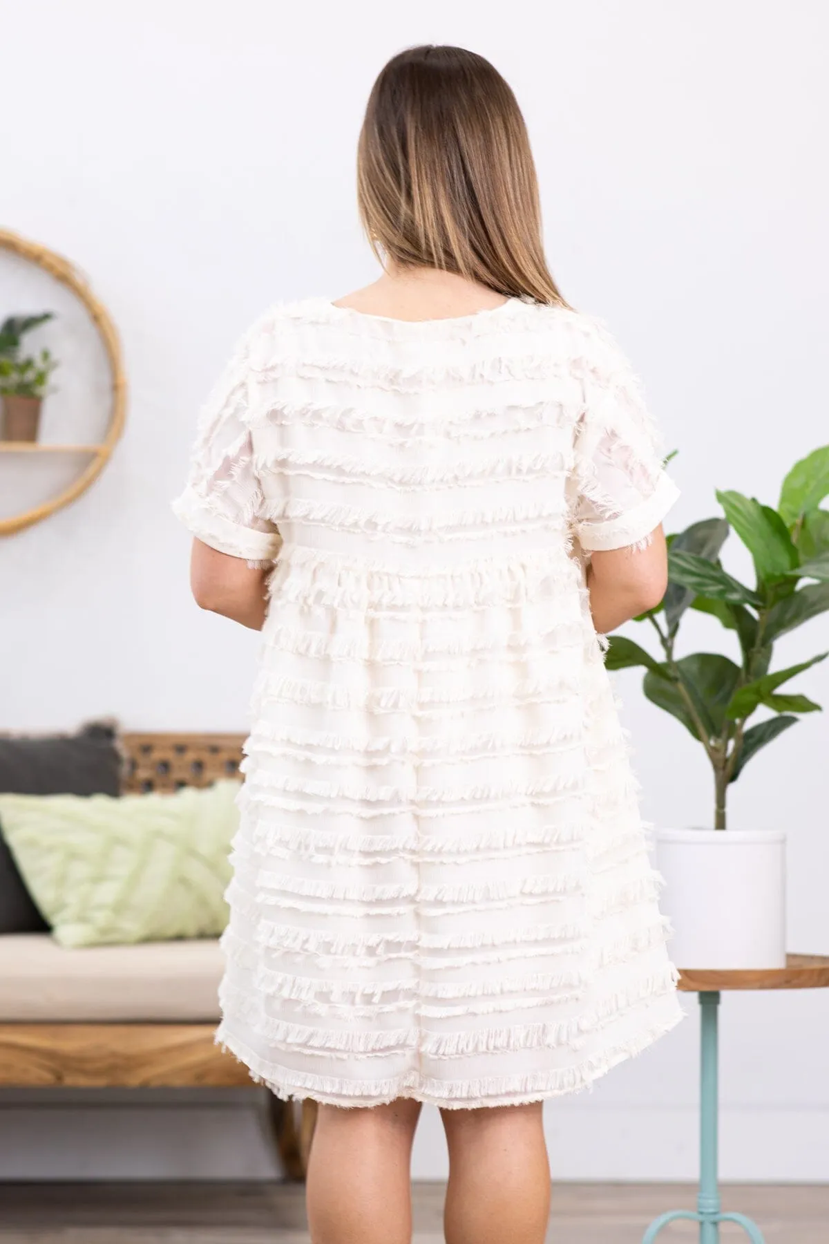 Cream Eyelash Textured V-Neck Dress