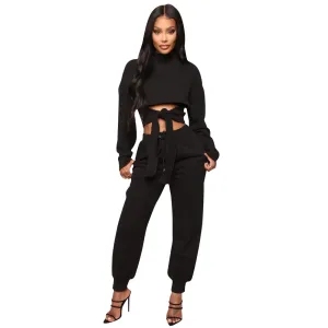 Cropped Sweater Top and Pants Set with Cut Out Sleeves and Front Tie