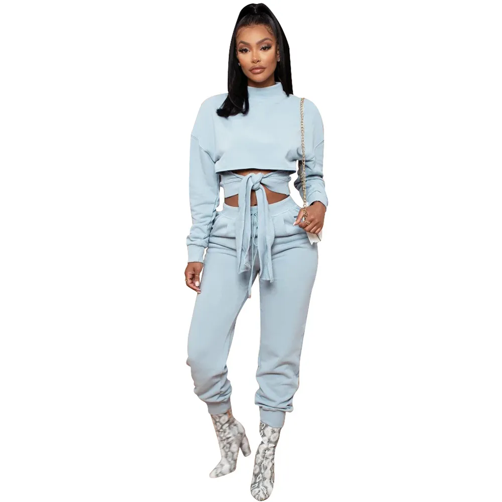 Cropped Sweater Top and Pants Set with Cut Out Sleeves and Front Tie