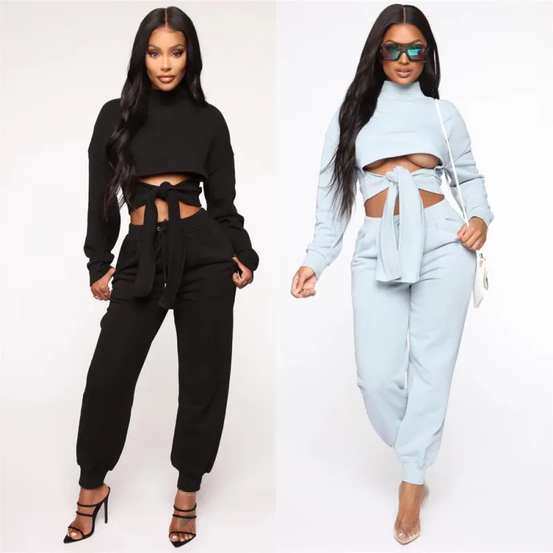 Cropped Sweater Top and Pants Set with Cut Out Sleeves and Front Tie