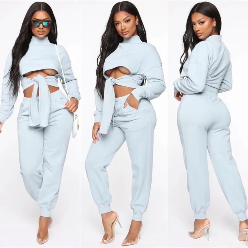 Cropped Sweater Top and Pants Set with Cut Out Sleeves and Front Tie