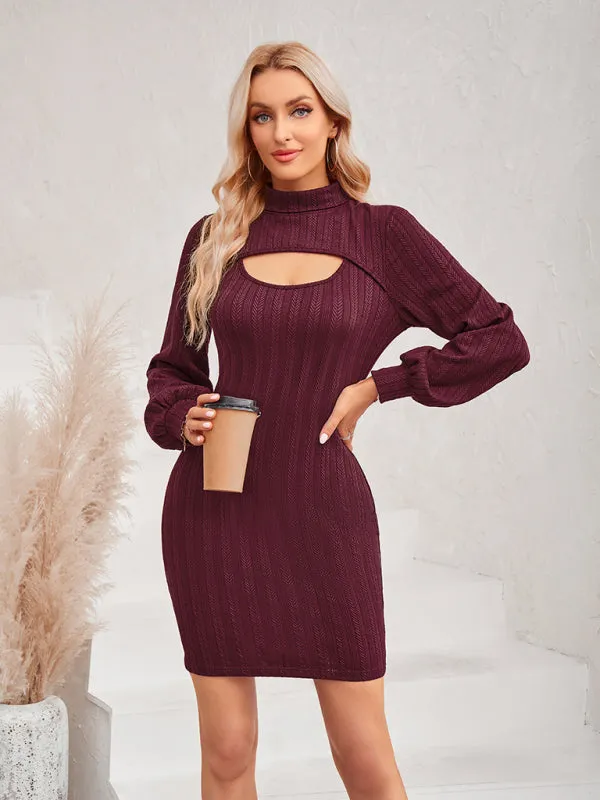 Cut-Out Ribbed Mini Dress with Long Sleeves