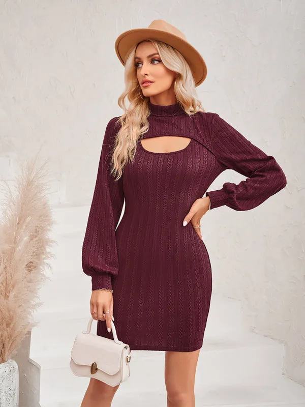 Cut-Out Ribbed Mini Dress with Long Sleeves
