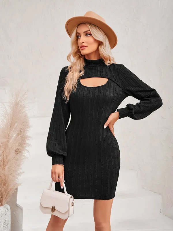 Cut-Out Ribbed Mini Dress with Long Sleeves