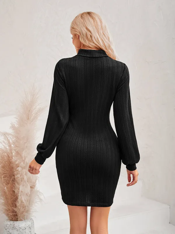 Cut-Out Ribbed Mini Dress with Long Sleeves