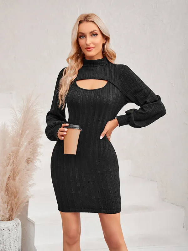 Cut-Out Ribbed Mini Dress with Long Sleeves