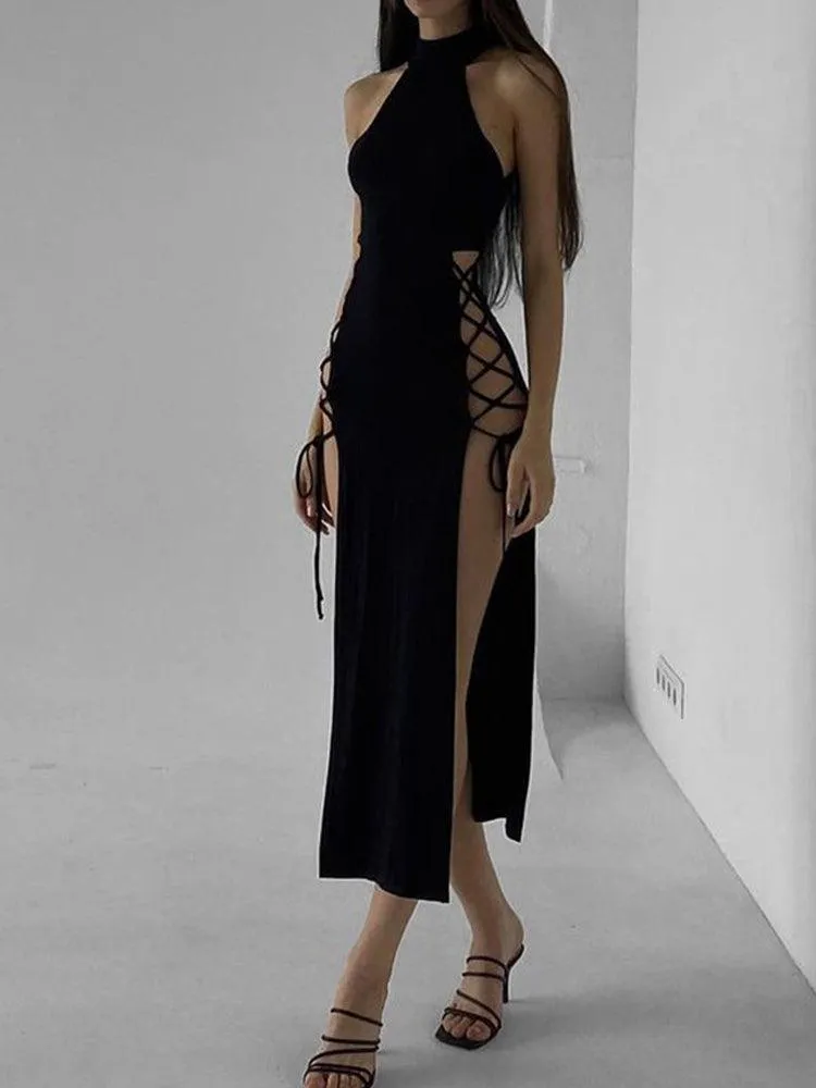 Dark High Split Sexy Bandage Gothic Halter Slim Midi Dress