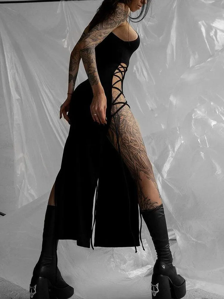 Dark High Split Sexy Bandage Gothic Halter Slim Midi Dress
