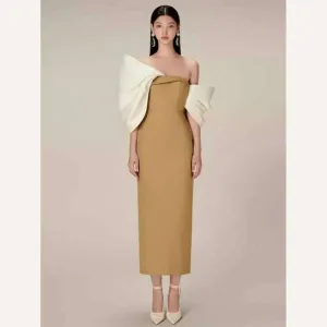 DEAT Big Bow Evening Dress Contrast Color Backless Zipper Slim Split Women Strapless Dresses 2024 Summer New Fashion 13DB3947