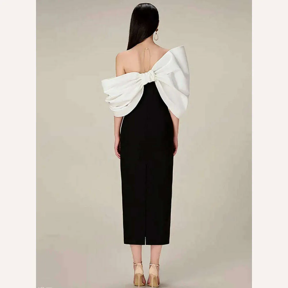 DEAT Big Bow Evening Dress Contrast Color Backless Zipper Slim Split Women Strapless Dresses 2024 Summer New Fashion 13DB3947
