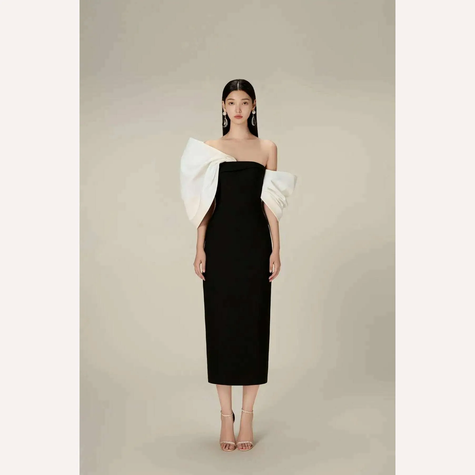 DEAT Big Bow Evening Dress Contrast Color Backless Zipper Slim Split Women Strapless Dresses 2024 Summer New Fashion 13DB3947