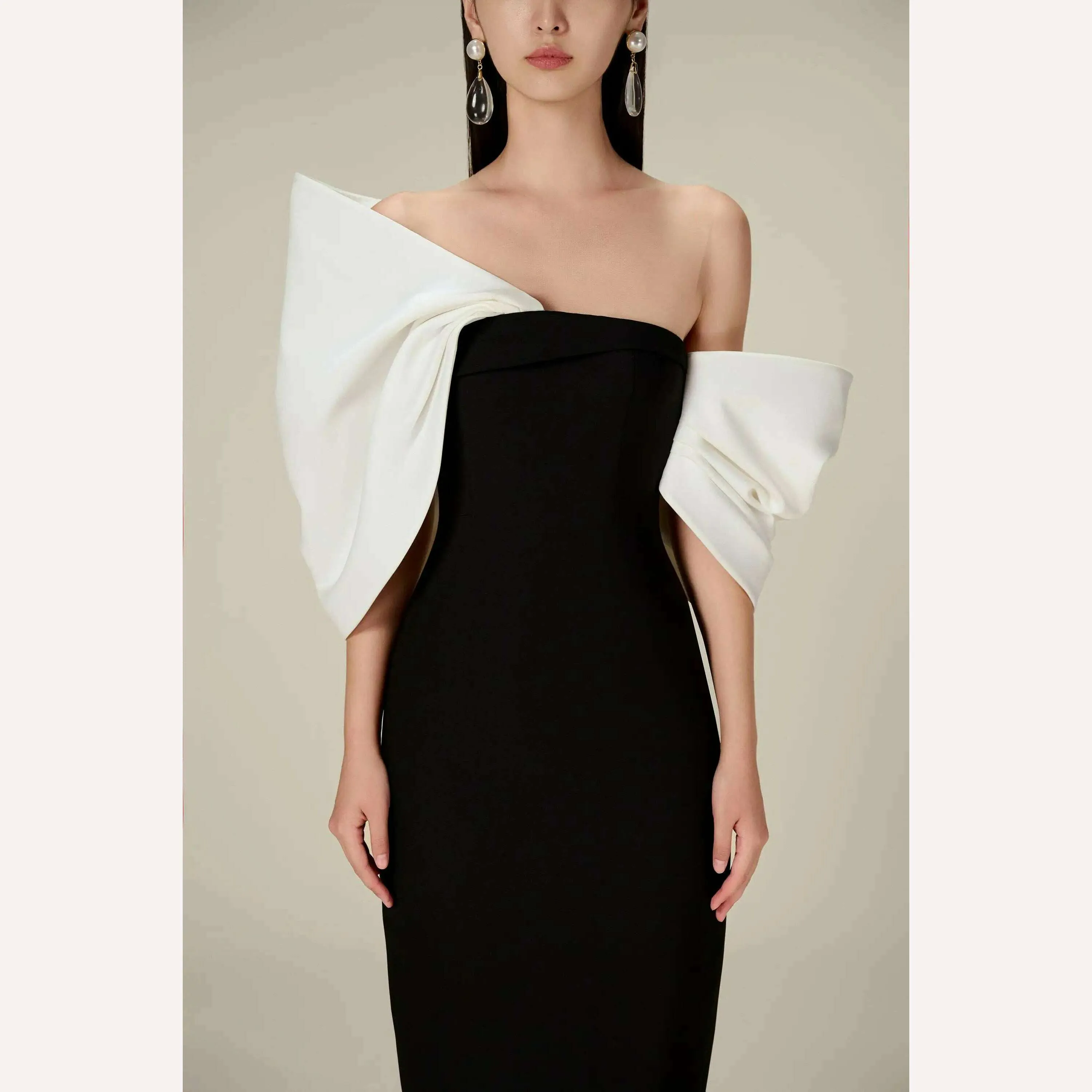 DEAT Big Bow Evening Dress Contrast Color Backless Zipper Slim Split Women Strapless Dresses 2024 Summer New Fashion 13DB3947