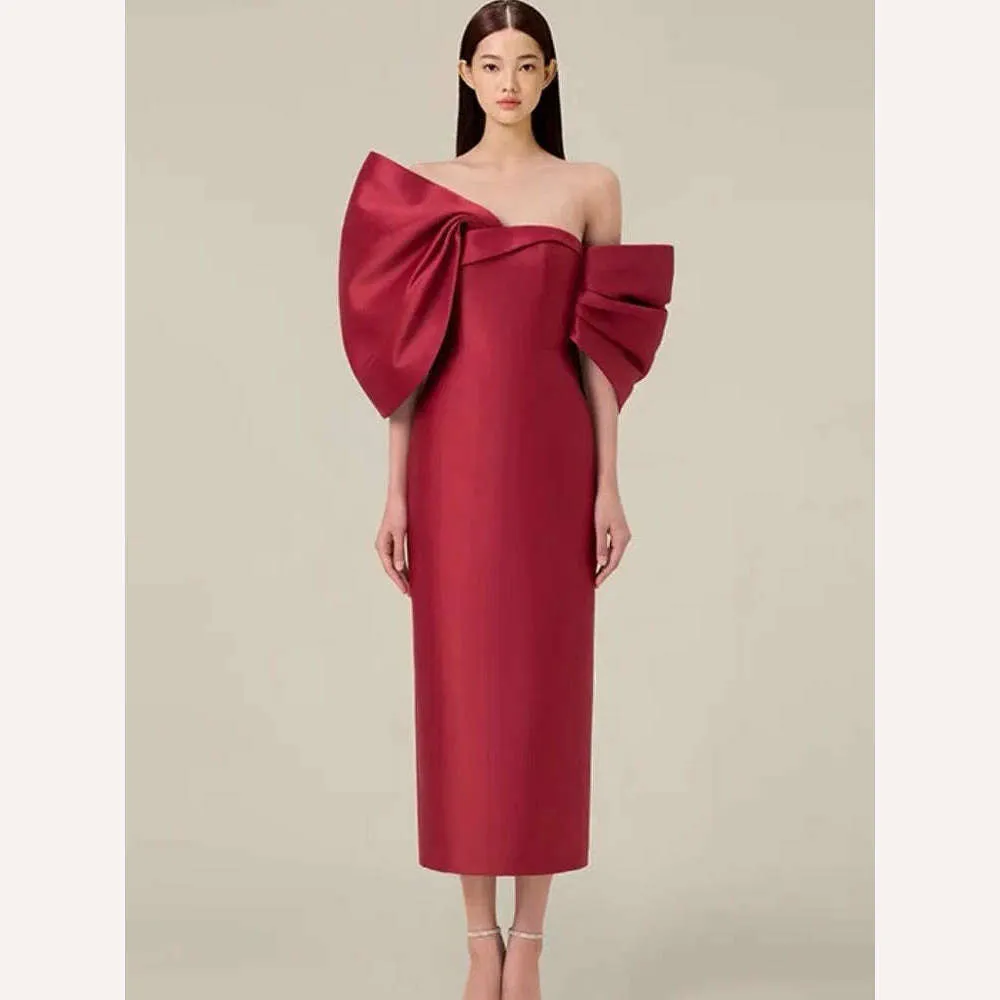 DEAT Big Bow Evening Dress Contrast Color Backless Zipper Slim Split Women Strapless Dresses 2024 Summer New Fashion 13DB3947