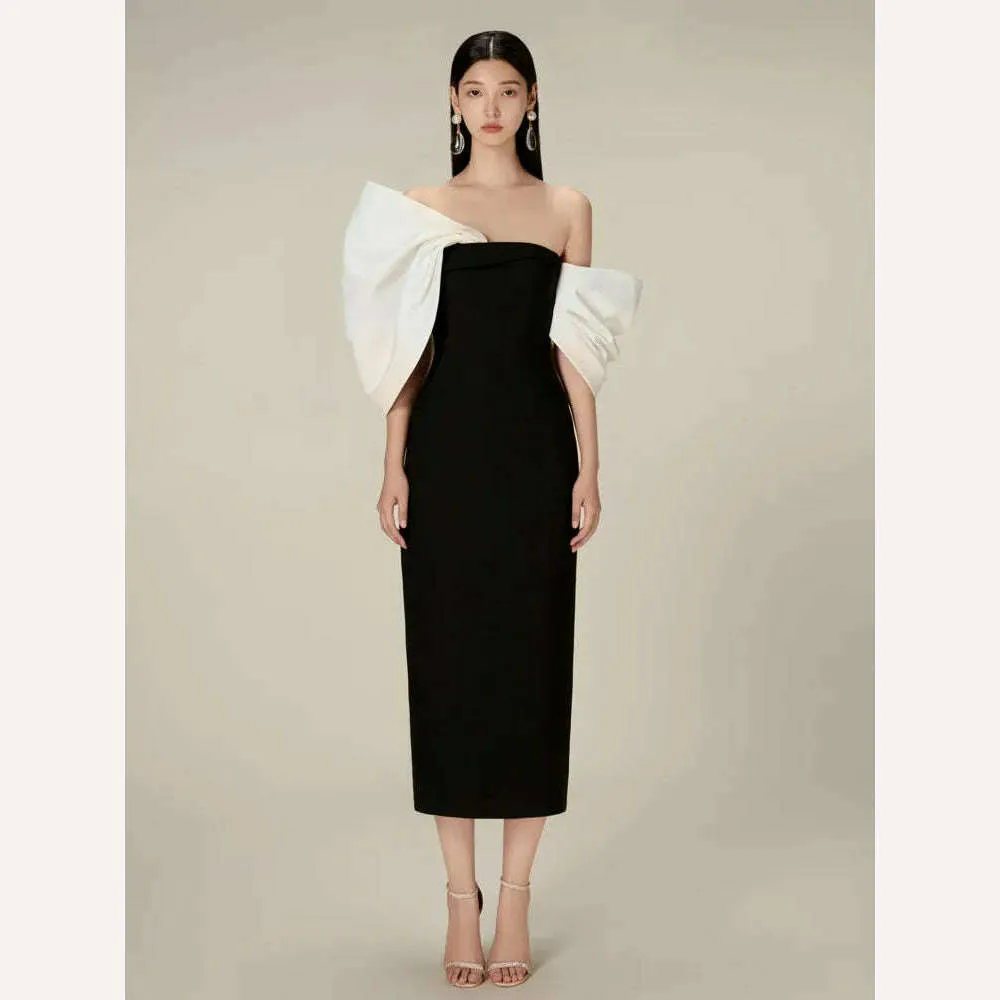 DEAT Big Bow Evening Dress Contrast Color Backless Zipper Slim Split Women Strapless Dresses 2024 Summer New Fashion 13DB3947
