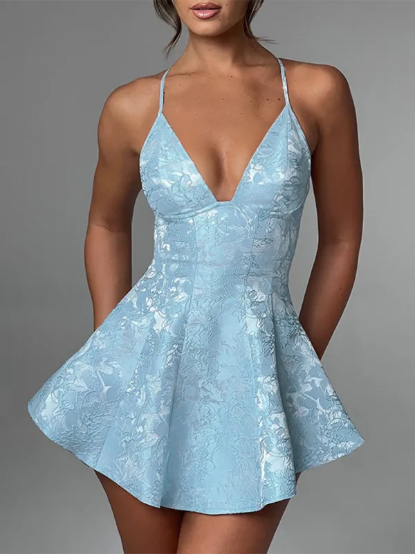 Deep V-Neck Mini Dress with Floral Jacquard and Spaghetti Straps