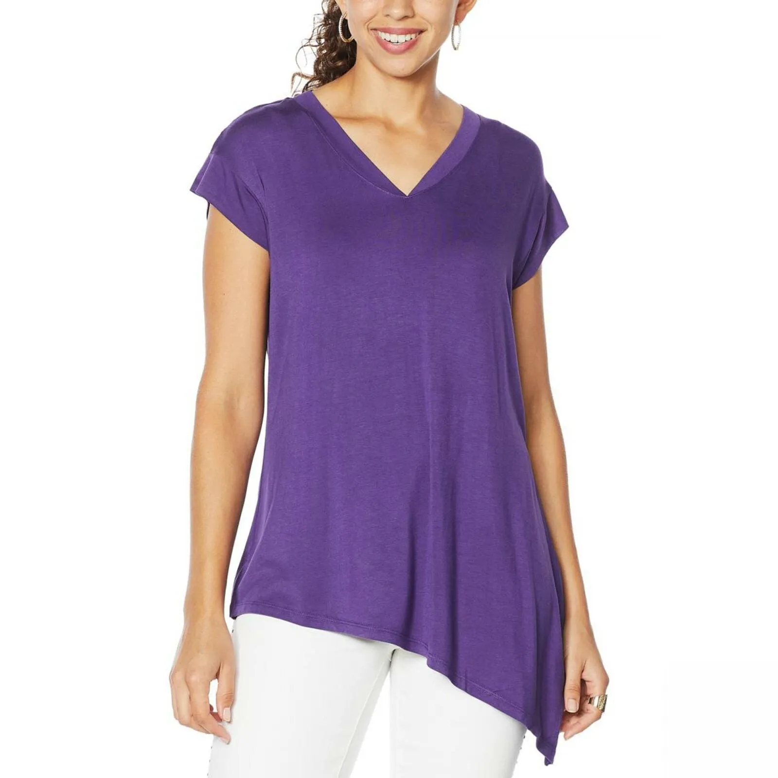 DG2 by Diane Gilman Women's Asymmetric Hem V-Neck T-Shirt