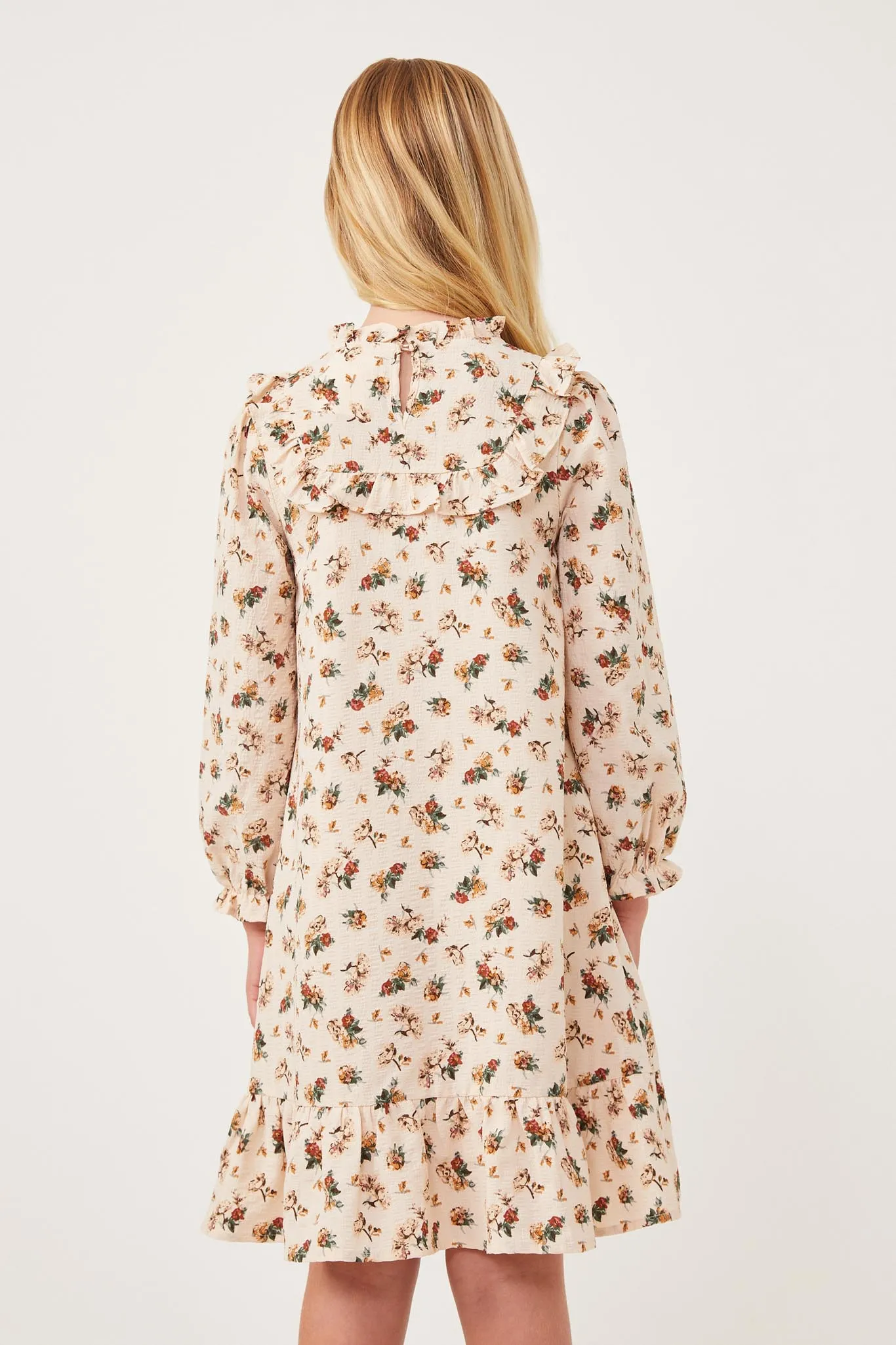 Ditsy Print Stripe Textured Ruffle Bibbed Dress