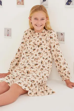 Ditsy Print Stripe Textured Ruffle Bibbed Dress