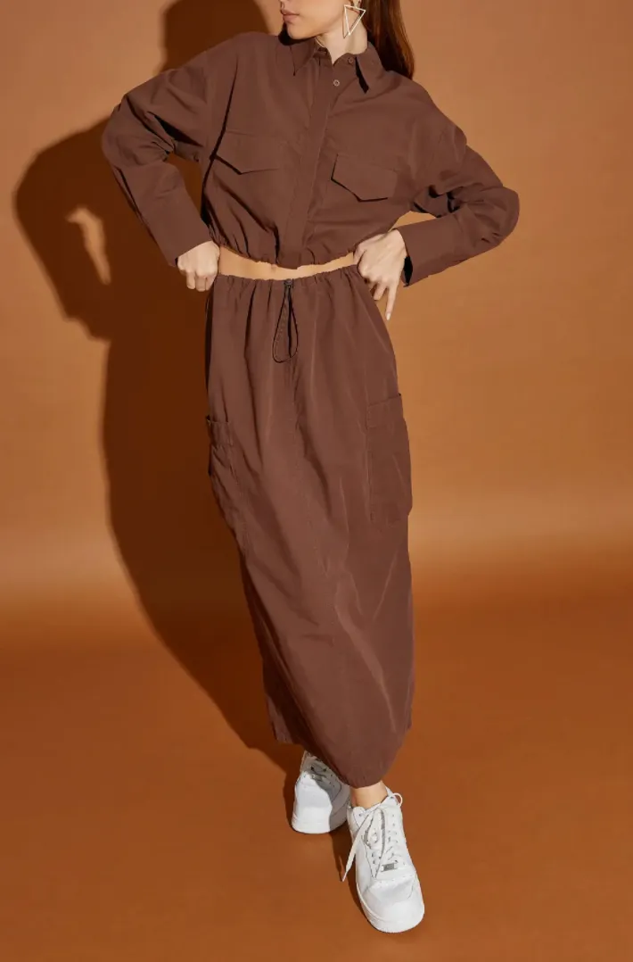 Drawstring Slit Back Midi Skirt