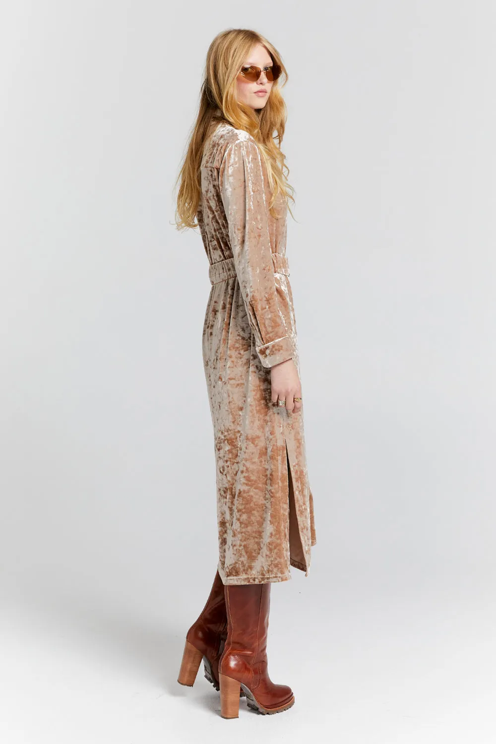 Electric Velvet Shirt Dress Champagne