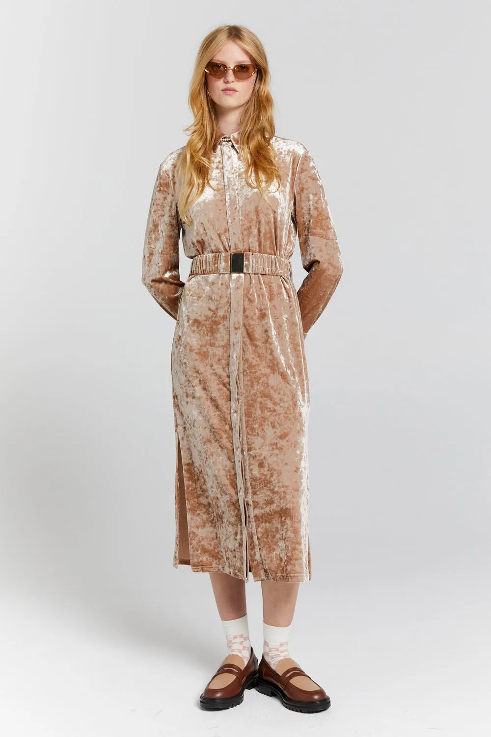 Electric Velvet Shirt Dress Champagne