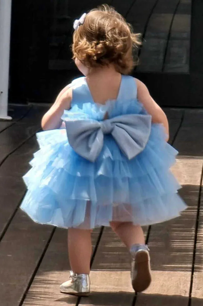 Elegant Blue Tulle A-Line Cheap Simple Long Flower Girl Dresses, FGS0045